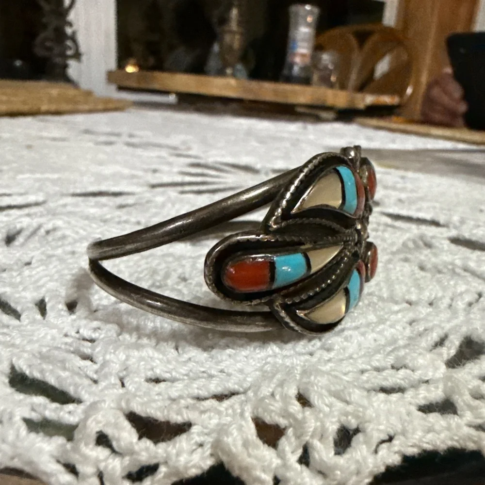 Vintage Zuni Sterling, Turquoise, Coral & MOP - Picture 3 of 10